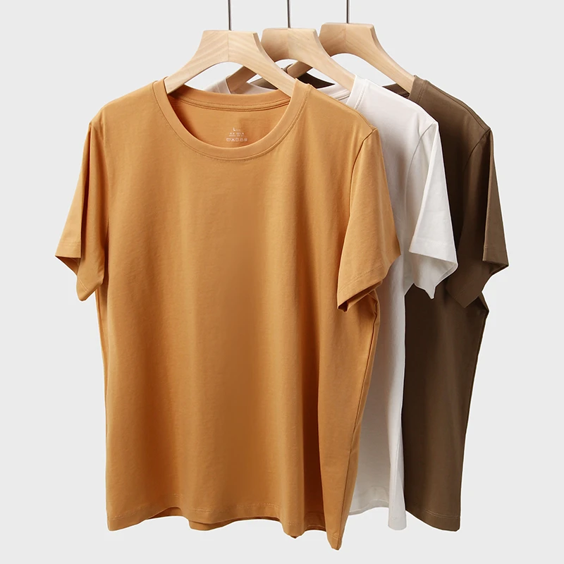 液氨丝光棉T恤衫女正肩宽松小圆领短袖100%纯棉大版显瘦凉感上衣