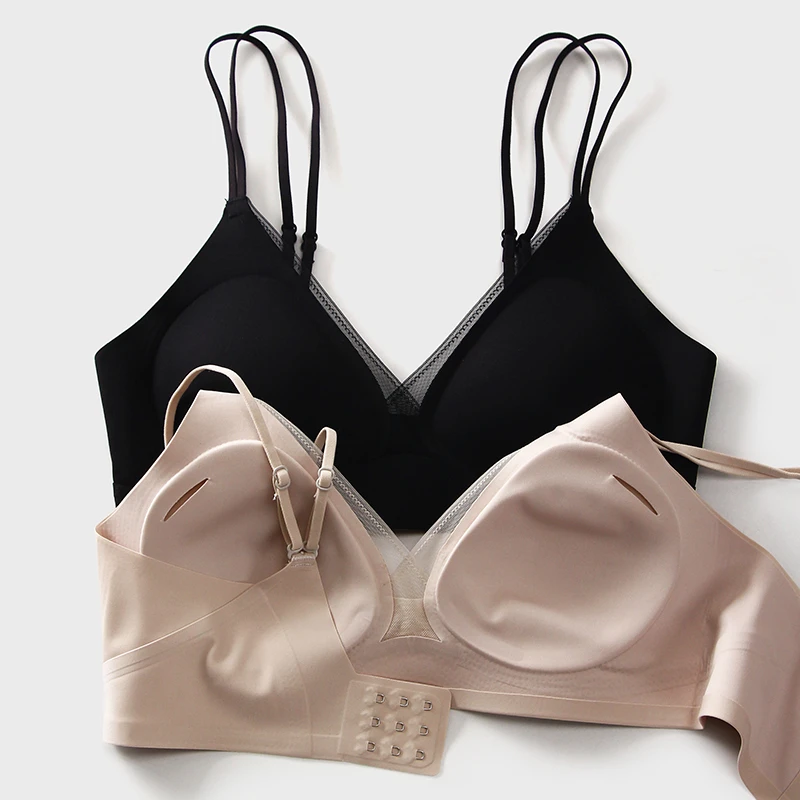 交叉美背抹胸无钢圈薄杯网纱聚拢冰丝文胸肩带可调性感法式内衣女