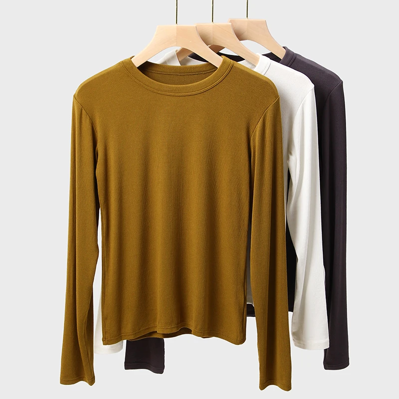 2025春秋新品小圆领长袖T恤衫女百搭莫代尔修身显瘦打底上衣纯色