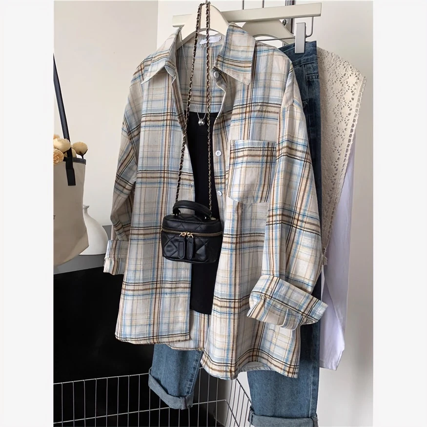 胖妹妹大码格子polo领长袖衬衫女春夏季2025休闲宽松200斤衬衣潮