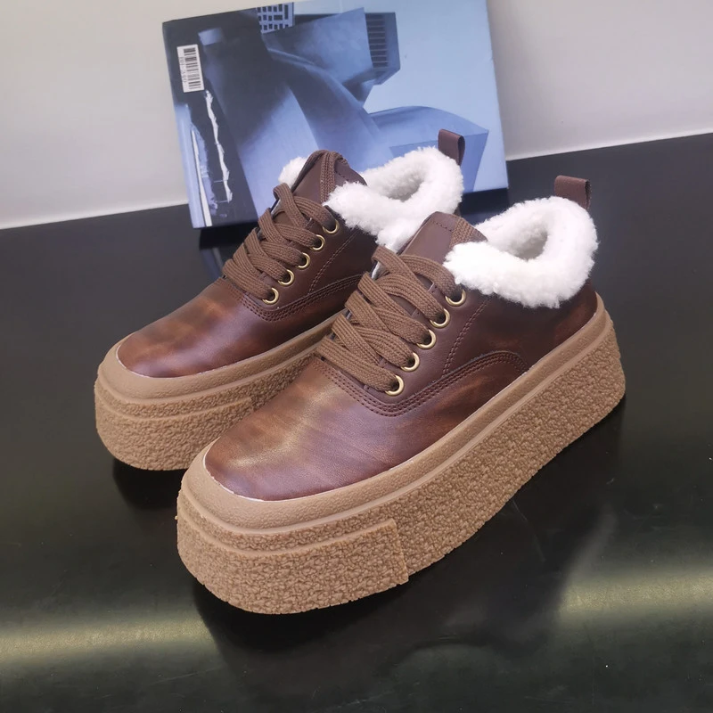 2024年秋冬新款真皮厚底加绒保暖时尚松糕鞋防滑百搭休闲鞋棉鞋女