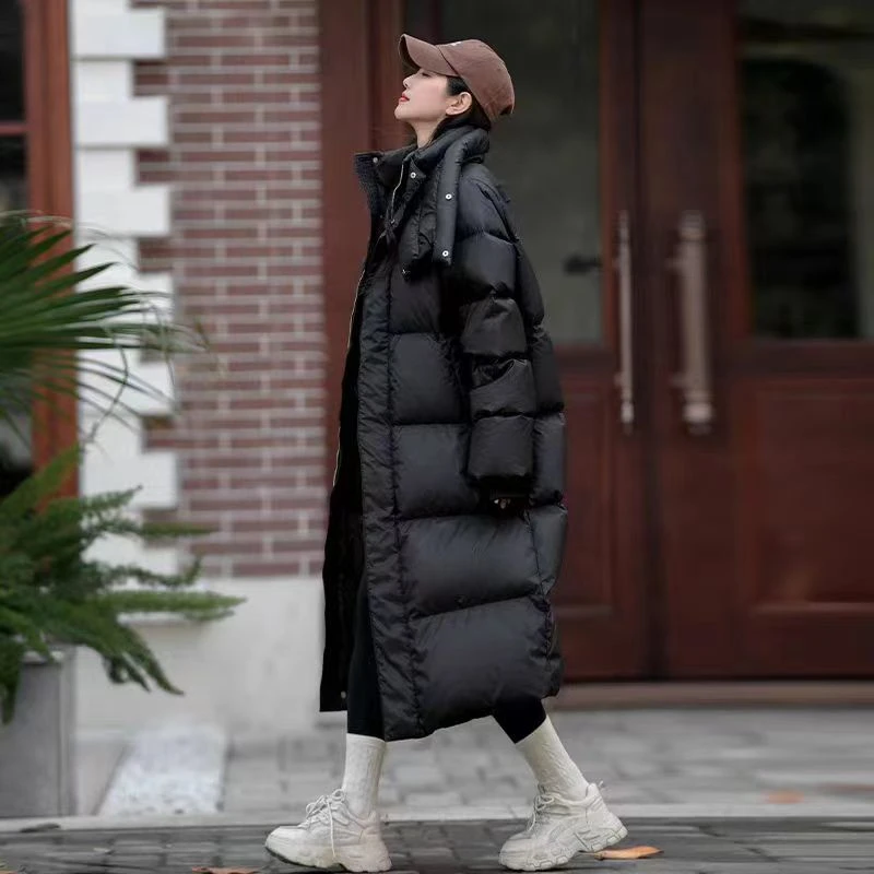 2699欧货时尚长款过膝羽绒服女冬季宽松加厚保暖双领子白鸭绒外套