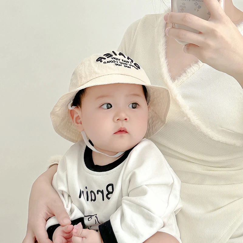 韩版男童遮阳帽夏季薄款字母刺绣速干宝宝渔夫帽大帽檐防晒婴儿帽