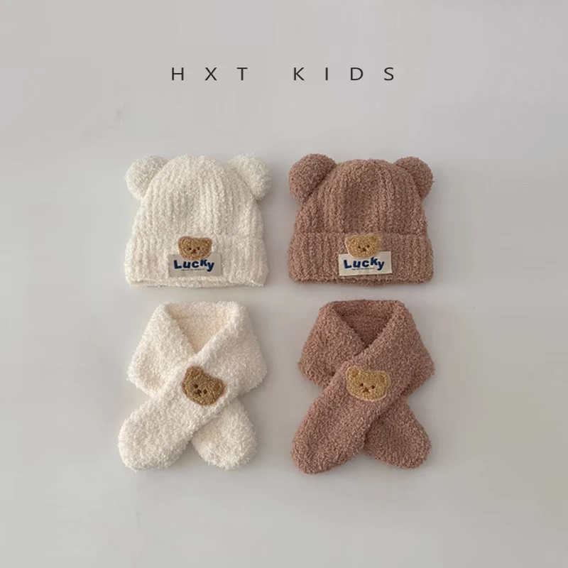 婴儿帽子围巾套装秋冬季毛绒保暖二件套婴幼儿宝宝冬天小熊套头帽