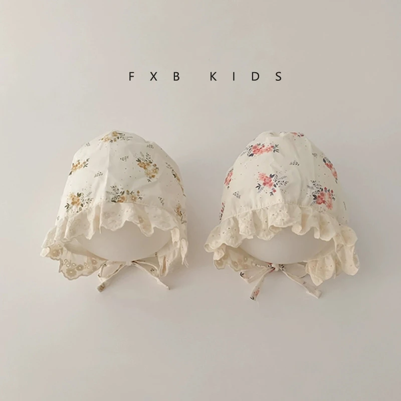 婴儿花边宫廷帽洋气春秋季系带帽子女宝宝春天户外防风套头帽潮秋
