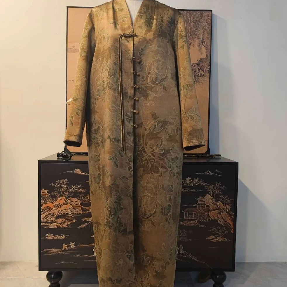 【锦安】香云纱中国风中式气质复古显瘦两面休闲印花长款加棉衣风衣