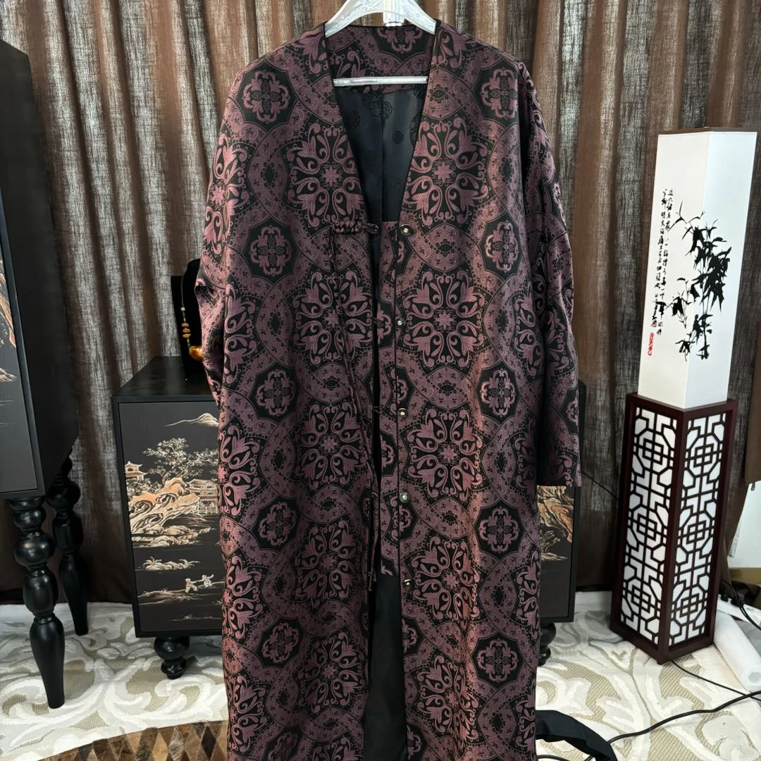 【诗楠】宋锦中式提花气质复古显瘦休闲印花长款风衣秋冬时尚百搭