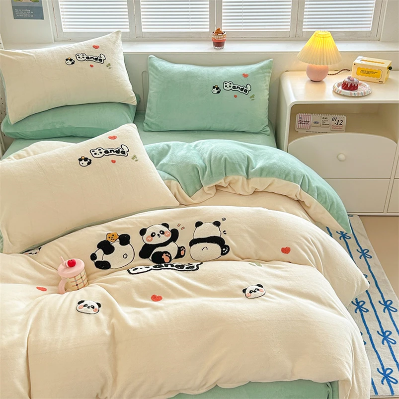 冬季清新床上牛奶绒加厚毛巾双面绒四件套被套保暖床单宿舍三件套