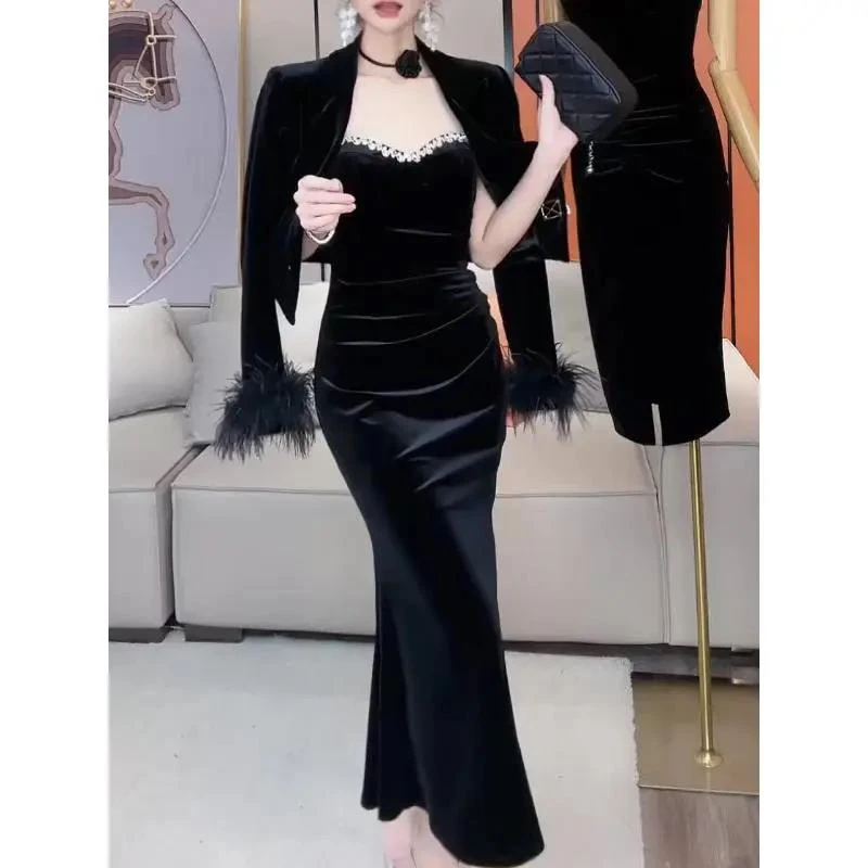 新款设计师毛领外套小香风套装包臀轻奢法式金丝2023裙子小个子女