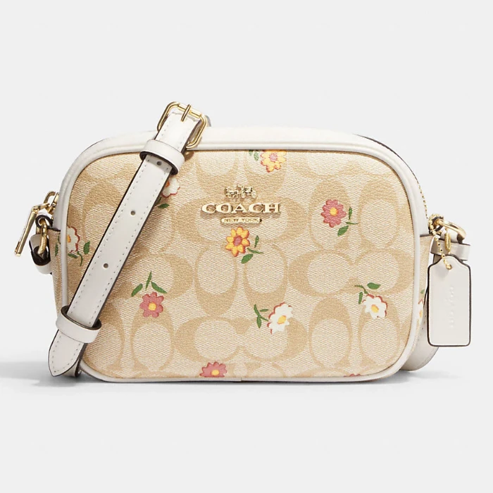COACH/蔻驰Jamie系列时尚卡其色花朵印花斜挎单肩迷你相机包