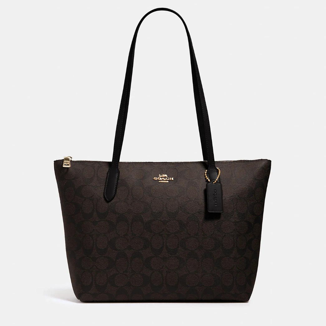 COACH/蔻驰Zip Top系列时尚轻奢黑金深邃棕经典老花单肩托特包