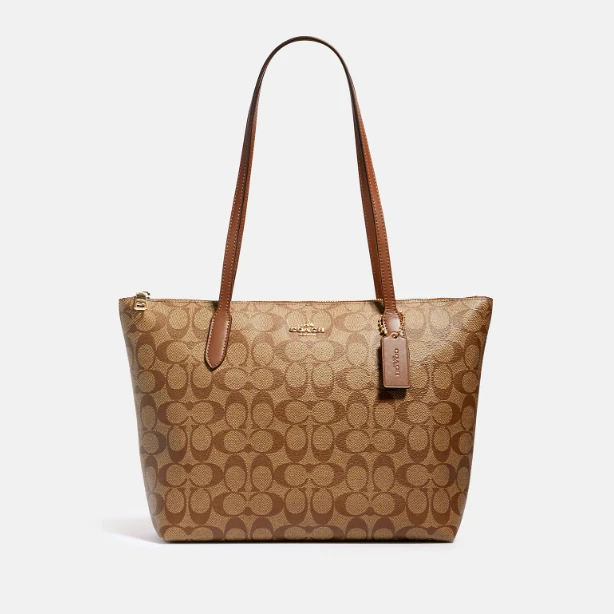 COACH/蔻驰Zip Top系列时尚轻奢棕色卡其色经典老花单肩托特包