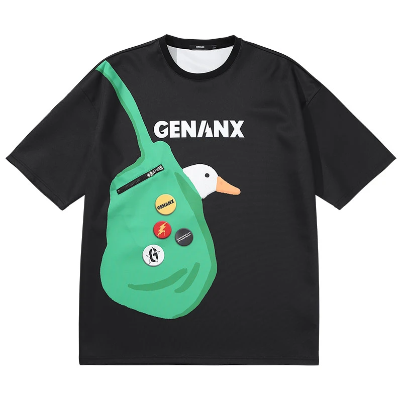 GENANX/闪电潮牌趣味口袋大白鸭单肩包印花落肩袖太空棉T恤 C1587