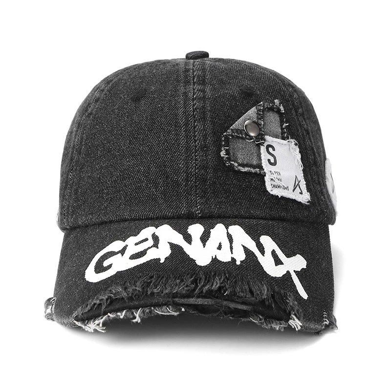 GENANX闪电潮牌牛仔潮帽撞色贴布铆钉印花破洞线须鸭舌帽 Q121