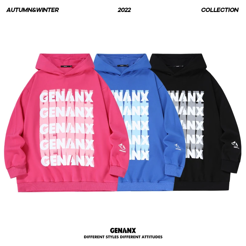 GENANX闪电潮牌宽松字母刷漆闪电君连帽落肩袖纯棉套头卫衣 W849