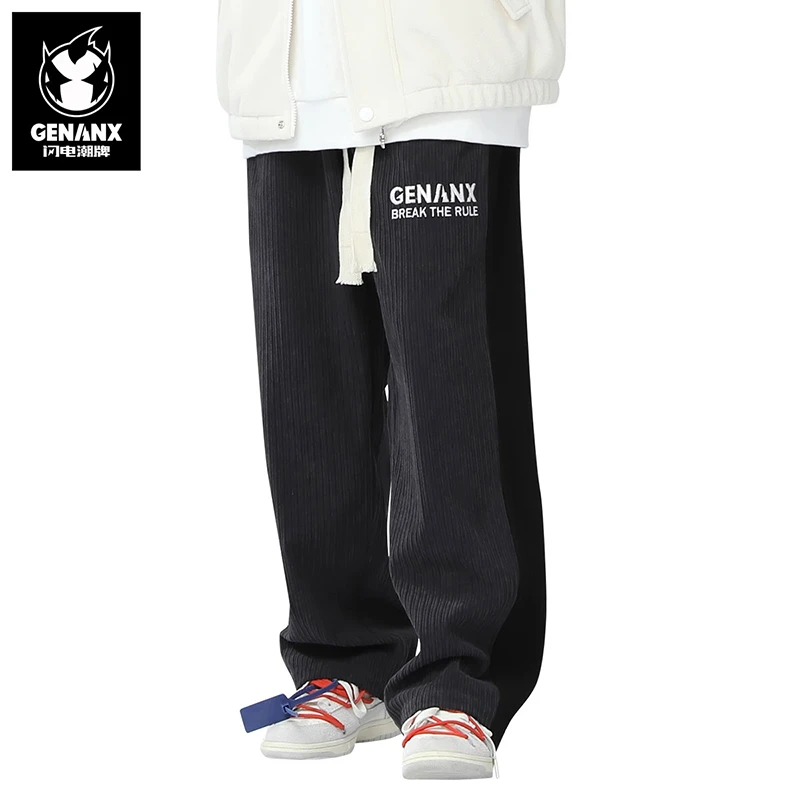 GENANX闪电潮牌字母绣花弹力腰灯芯绒宽松直筒黑色休闲裤 LP693