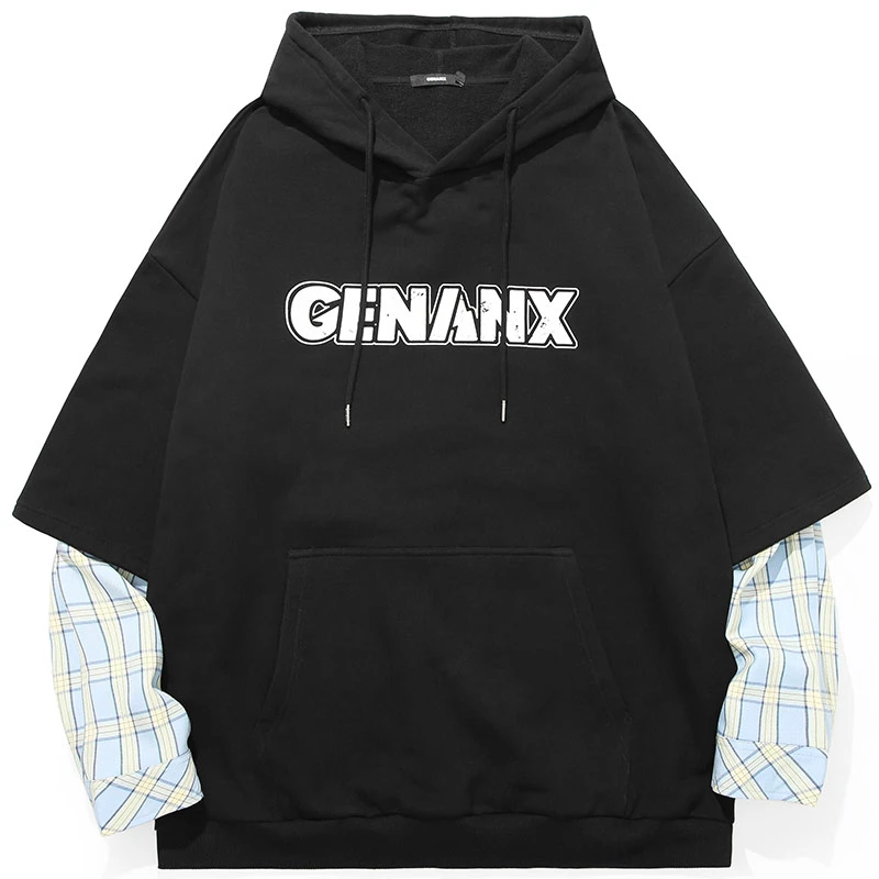 【加绒】GENANX闪电潮牌假两件格纹美式连帽袋鼠兜加绒卫衣男W932