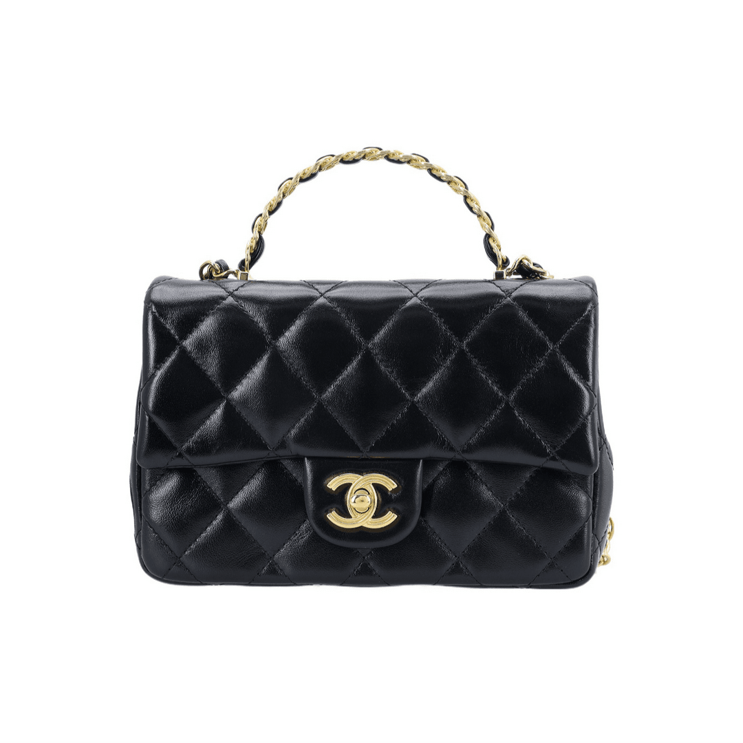 95新 Chanel/香奈儿 95新23S黑金菱格手提MINI CF羊皮包袋