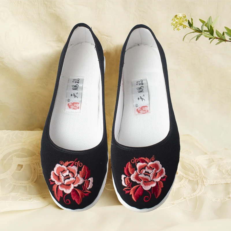 天赐福【刺绣牡丹】千层底布鞋手工老北京复古一脚蹬女款中老年妈妈