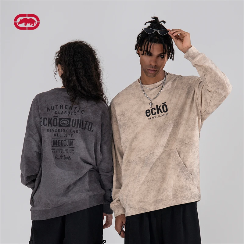 ECKO24年秋季新款卫衣全棉水洗做旧绒面复古圆领美式长袖3243055