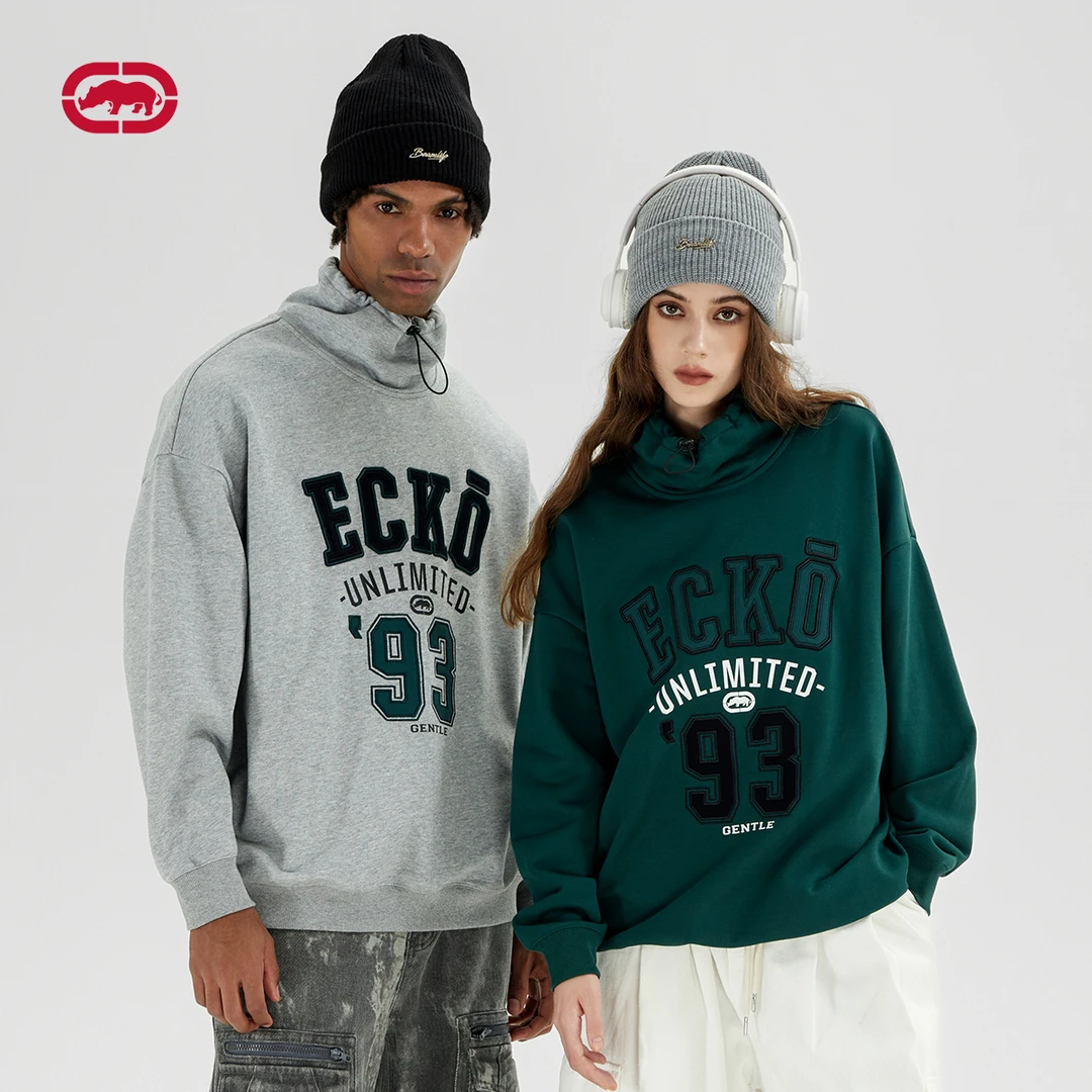 24年冬季Ecko新款情侣款卫衣领口卡扣可调节沙袋领上衣3244112