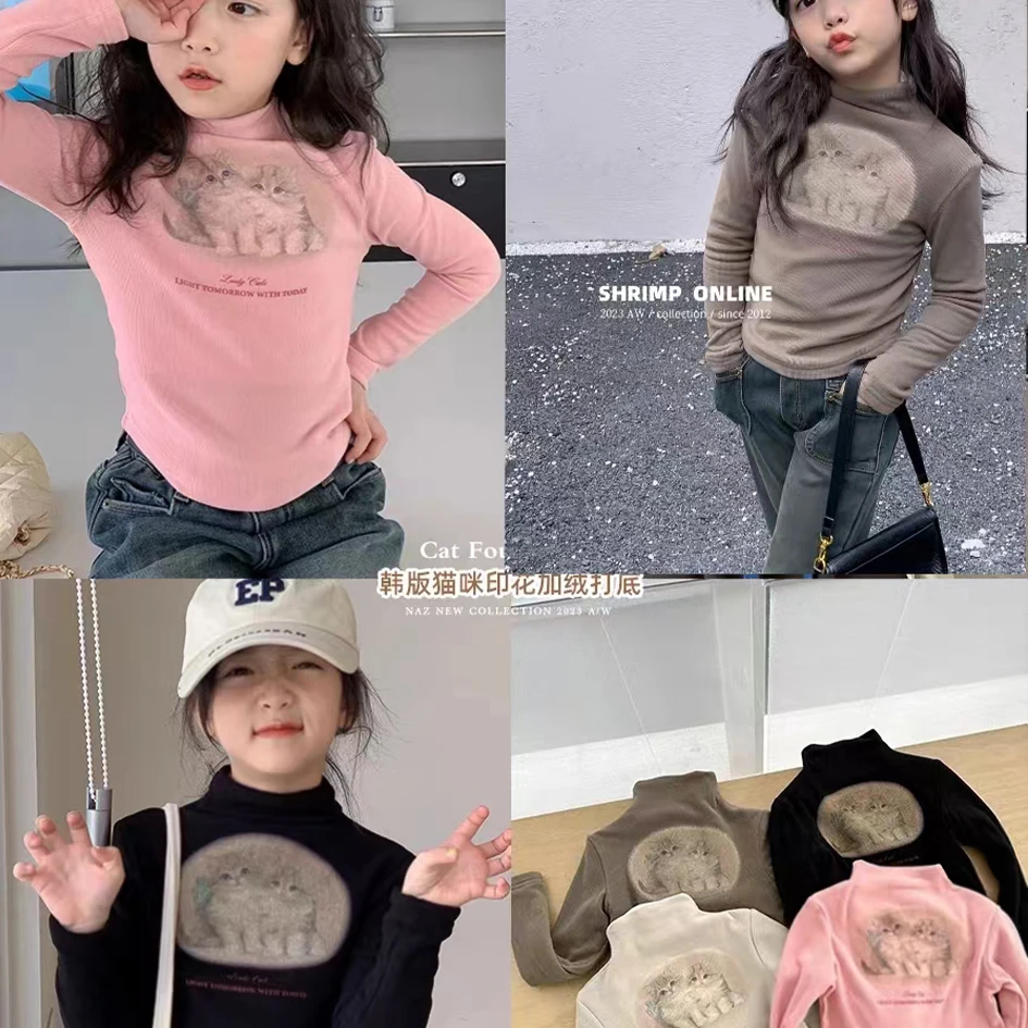 冬季女童半高领加绒打底衫儿童洋气加厚上衣
