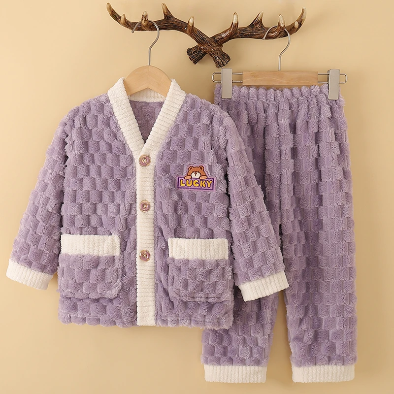 2024新款儿童款睡衣秋冬季加厚加绒女童家居服睡衣法兰绒面料保暖