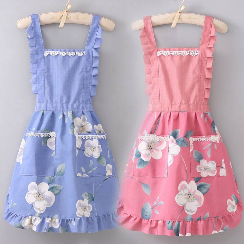 新款花边帆布围裙女工作洋气可爱厨房家用防水防油工作服耐脏罩衣