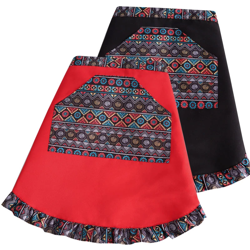 民族风双层半截围裙厨房家用做饭透气耐磨洋气餐馆服务员半身围腰