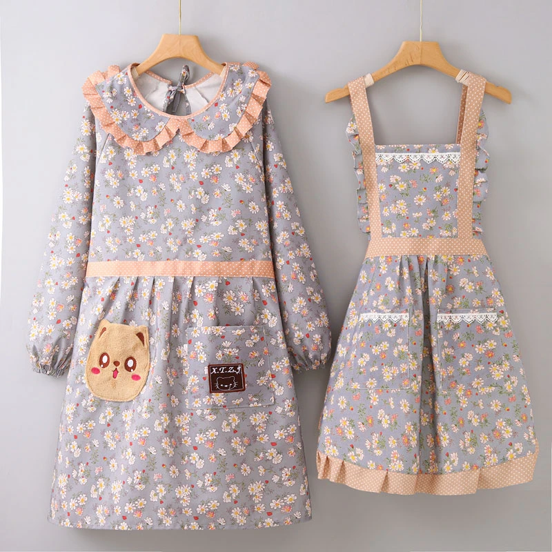 带袖围裙家用厨房做饭韩版连衣裙式帆布罩衣女新款上班围腰工作服