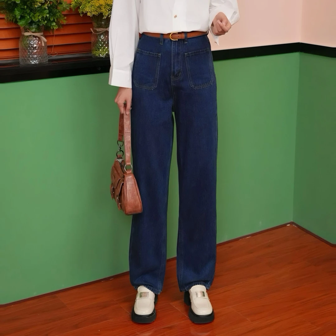 惠子Hz/【烟火旅行】复古港风显瘦弹力直筒长裤小众高腰牛仔长裤