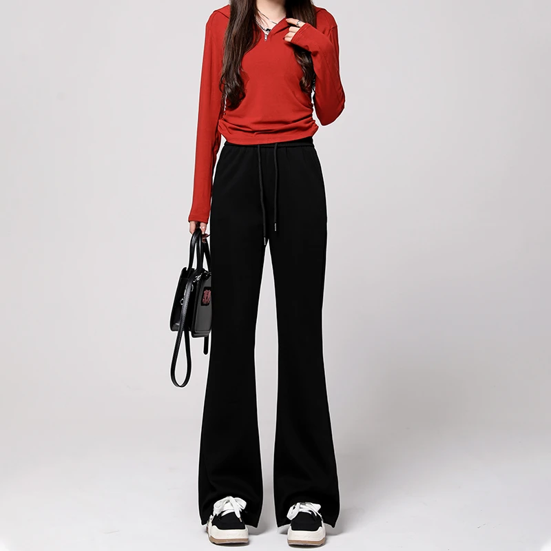 Etam/艾格黑色高腰直筒拖地垂感休闲裤女2024年新款百搭显瘦宽松