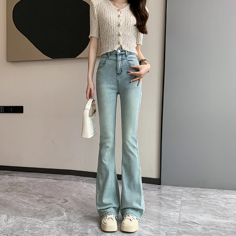 Etam/艾格2024年女新款爆款春装美式复古修身显瘦高腰微喇牛仔裤
