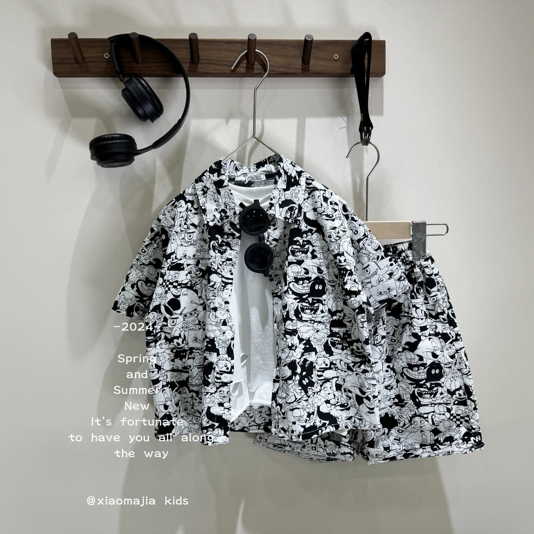 现货-夏款儿童短袖时尚涂鸦潮酷套装D-2732韩版洋气男女宝两件套