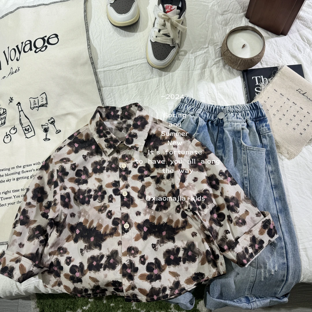 现货-儿童春季纯棉长袖衬衫外套时尚宽松韩版D-2212男女童上衣