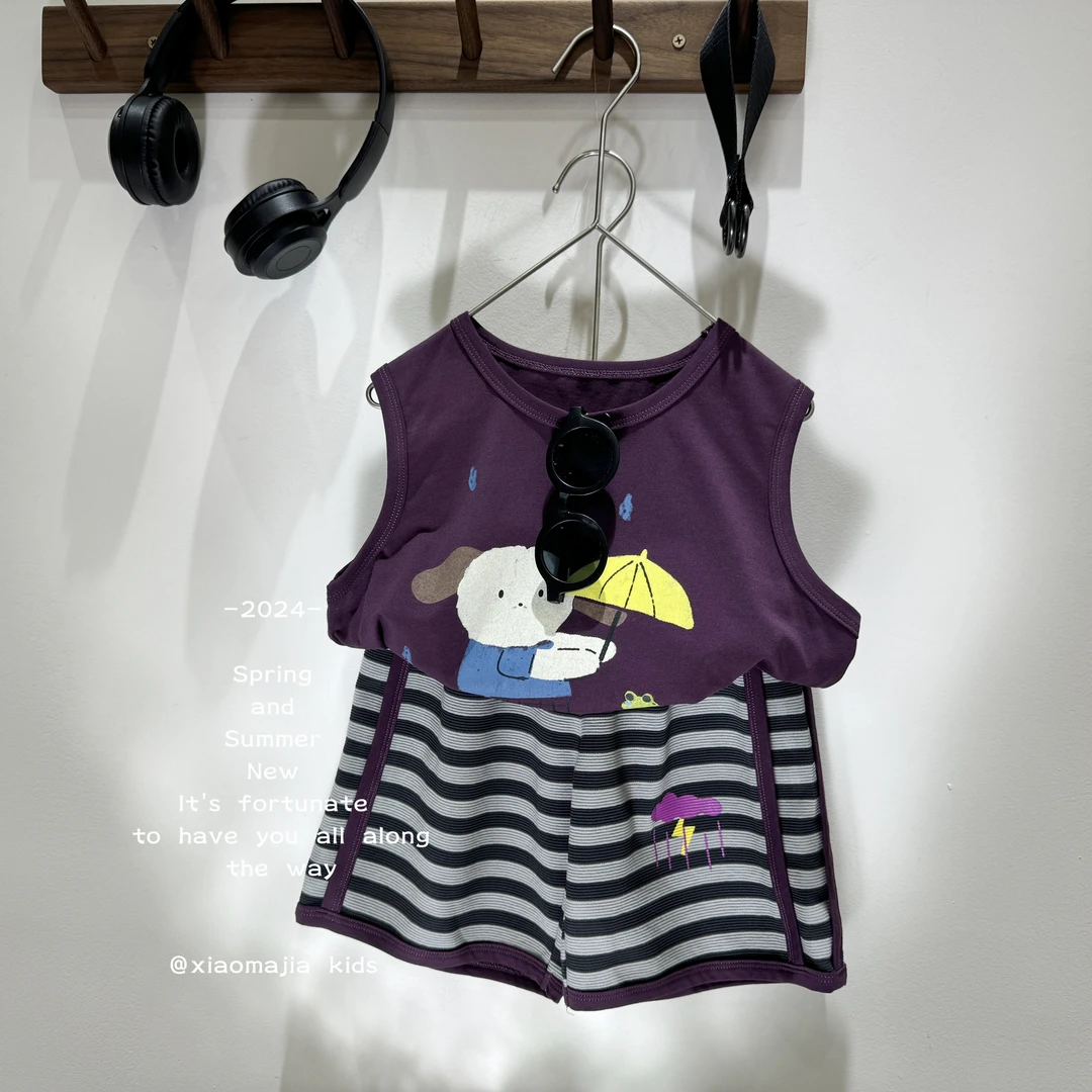 现货-夏款儿童无袖背心套装韩版洋气D-2819时尚百搭男女宝两件套