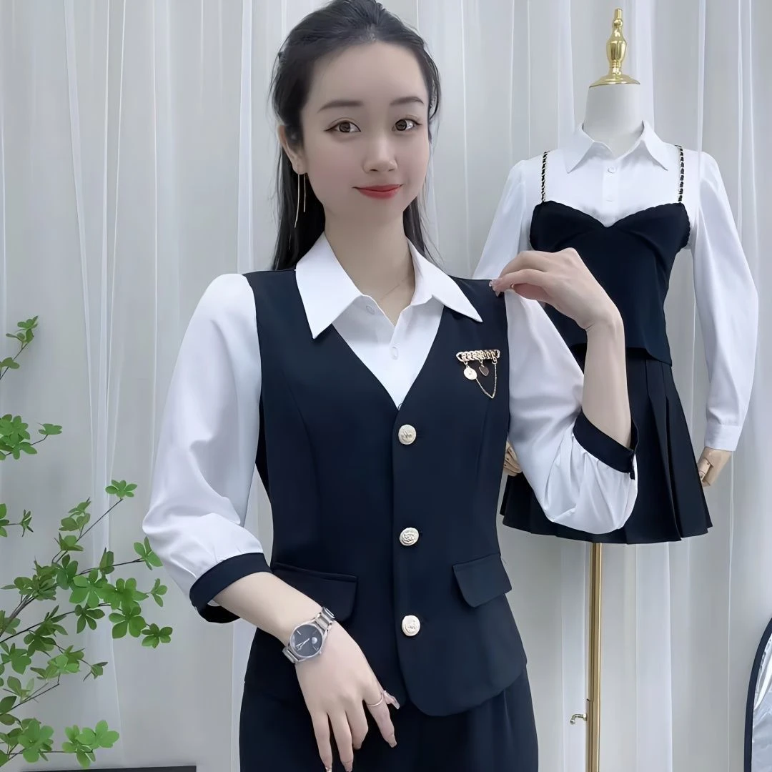 时尚套装早春新款气质时尚减龄收腰显瘦拼接假两件衬衣裤子两件套