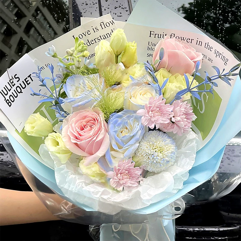 ♥【夏日多巴胺】碎冰蓝玫瑰桔梗粉玫瑰花乒乓菊混搭花束生日鲜花小时达鲜花同城送花上门