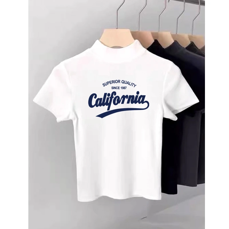 白色棉半高领短袖T恤女夏季2025新款修身显瘦百搭正肩半袖上衣