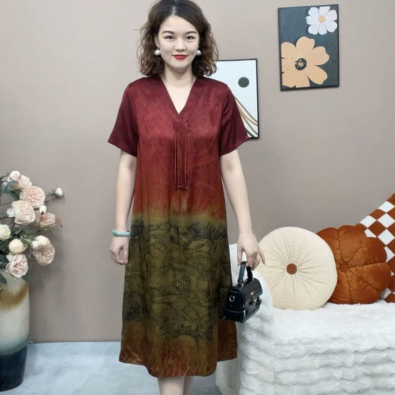 中老年夏季过膝连衣裙民族风气质宽松裙子修身印花国风女装薄裙子