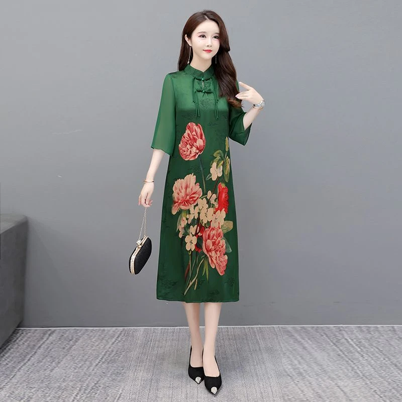 大码夏季新款妈妈气质旗袍连衣裙中老年宽松显瘦时尚中式复古裙子