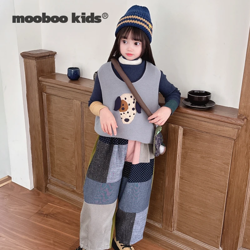 墨宝童装立体提花小狗蓝马甲+日系拼接气球裤+双色打底衫失序混搭