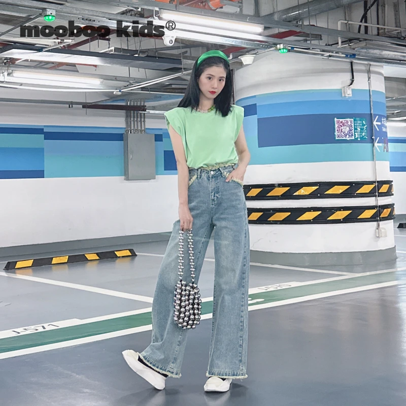 墨妈精选_女装春夏明线撞色须边显瘦显高直筒牛仔裤