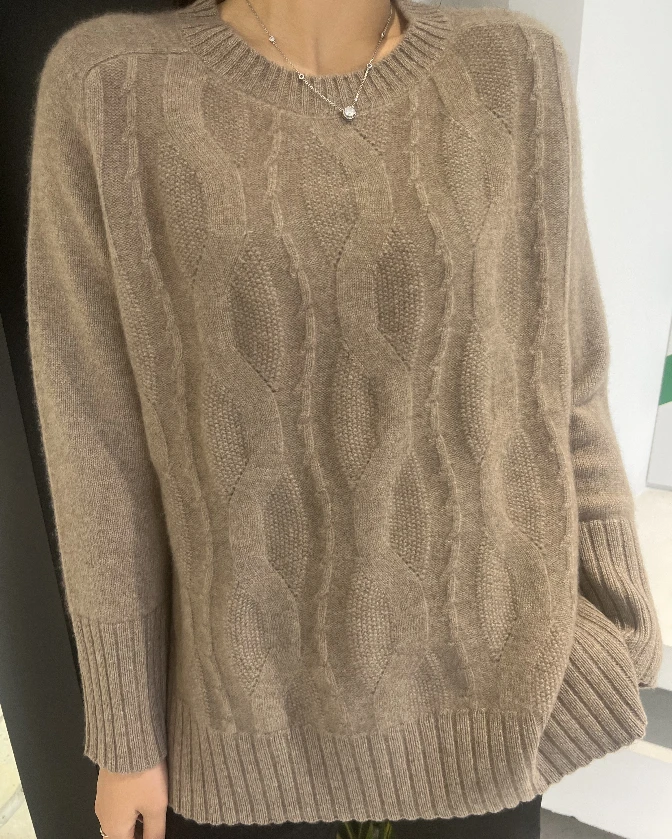 女士针织圆领小镂空两侧开叉长袖百搭针织羊绒衫8067