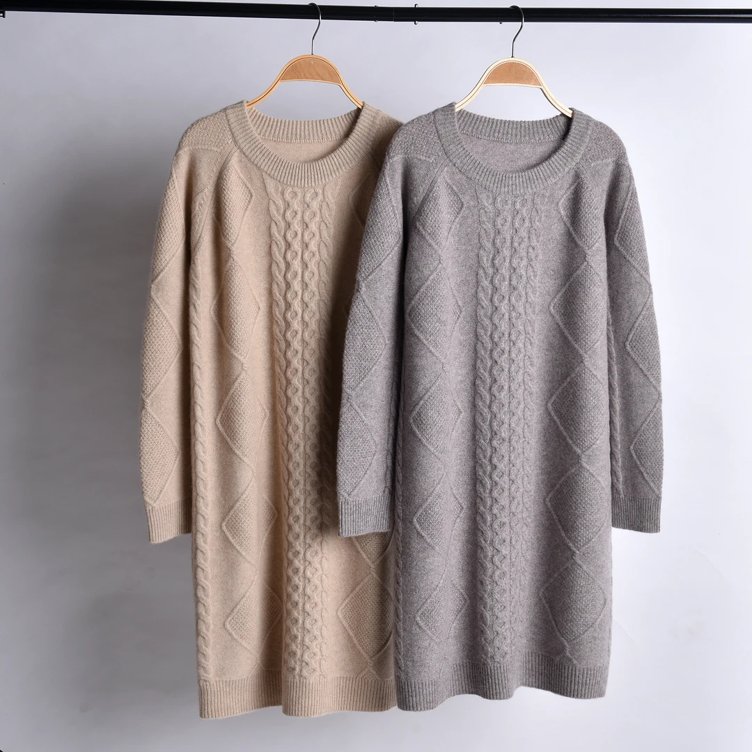 【羊羔绒】女士长款长袖百搭厚款韩式圆领打底衫针织羊绒裙8125