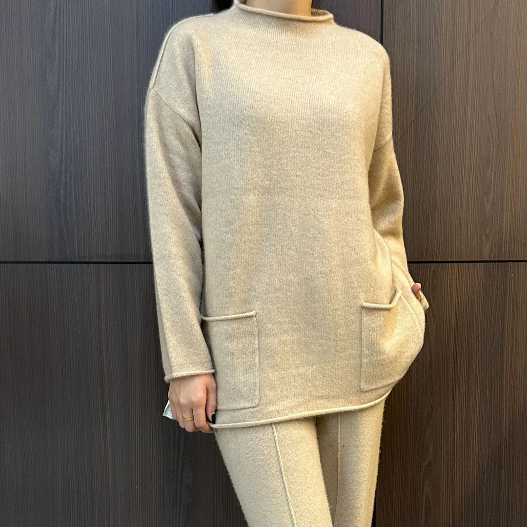 常规款冬季上衣长袖卷边两侧带兜纯色秋季加厚针织打底羊绒衫8131