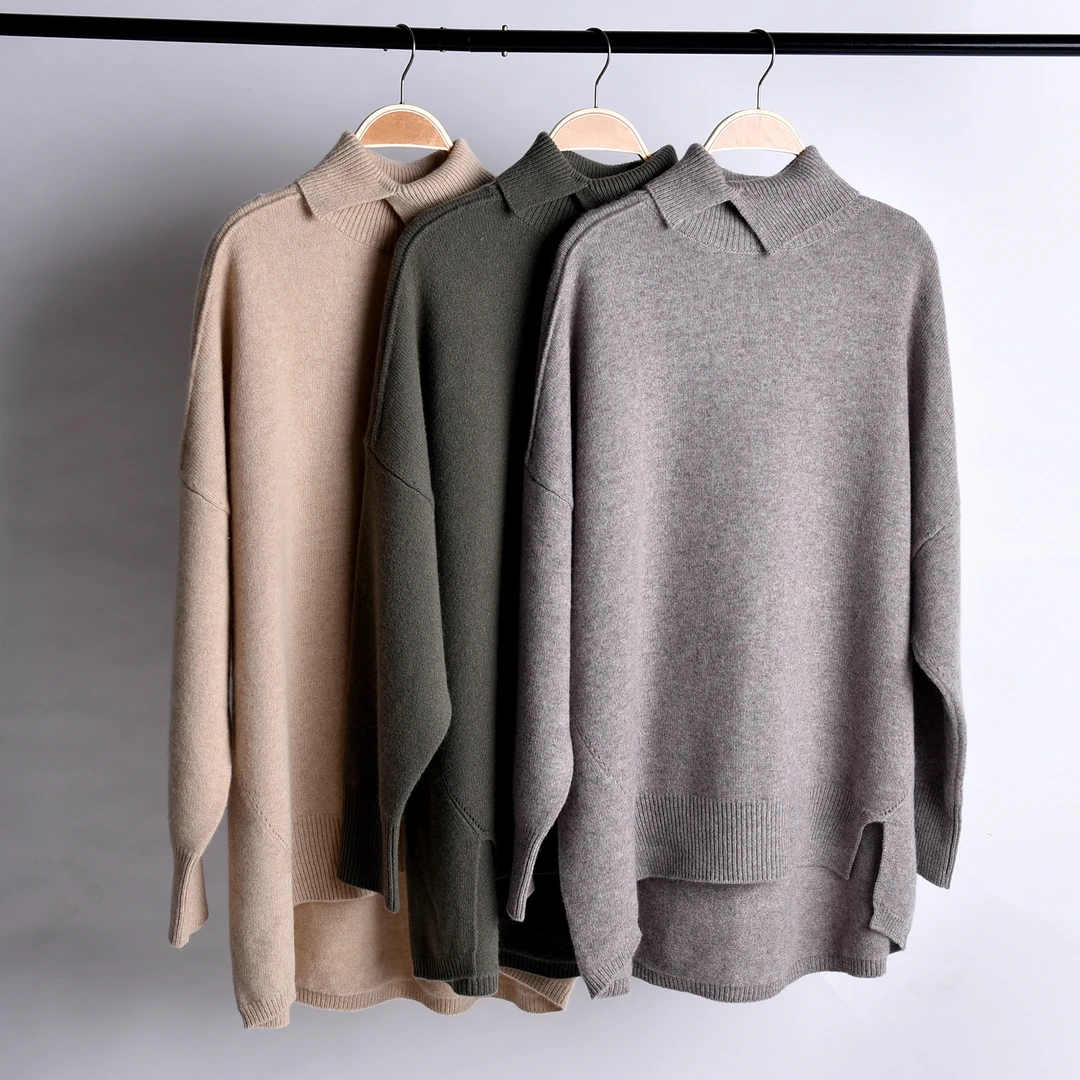 【羊羔绒】女士领口开叉前短后长宽松上衣秋冬休闲针织羊绒衫8066