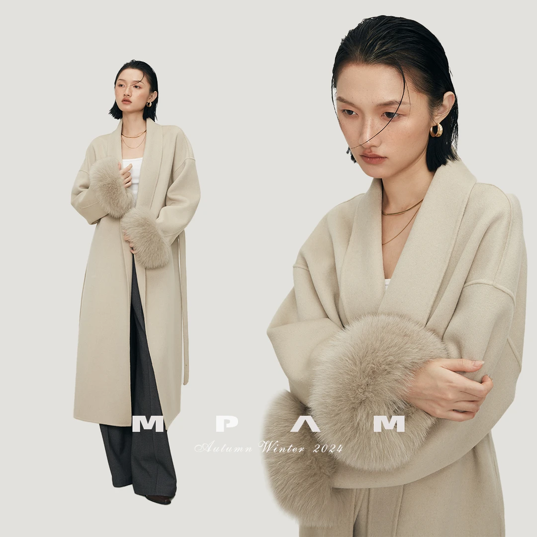 MPAM秋冬袖口可拆卸真狐狸毛100绵羊毛大衣24828
