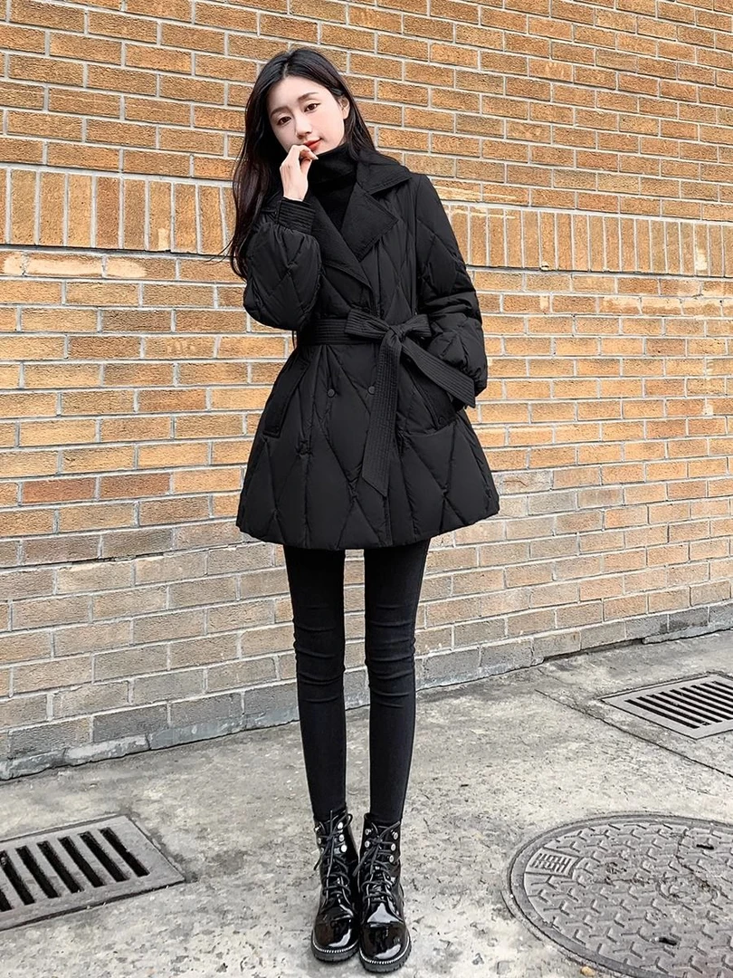23新款羽绒服2023新款女装修身收腰冬季羽绒棉服女中长款黑