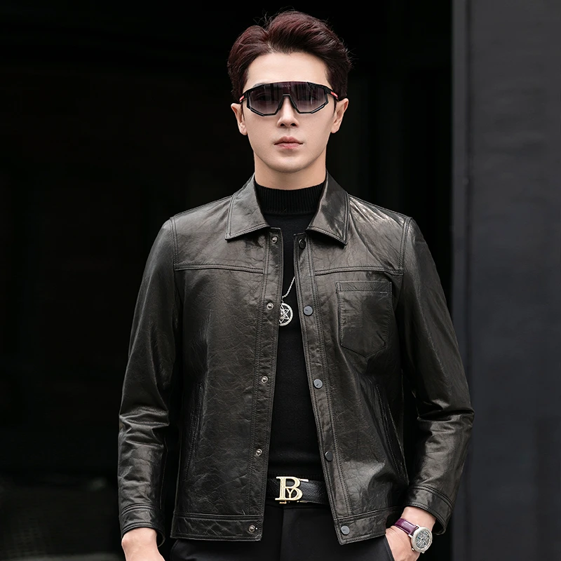 2808 YZX男士山羊皮翻领单装油蜡海宁真皮皮衣复古机车皮夹克
